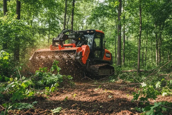 Forestry mulching machine clearing dense underbrush and small trees in a Richwood, Ohio lot.