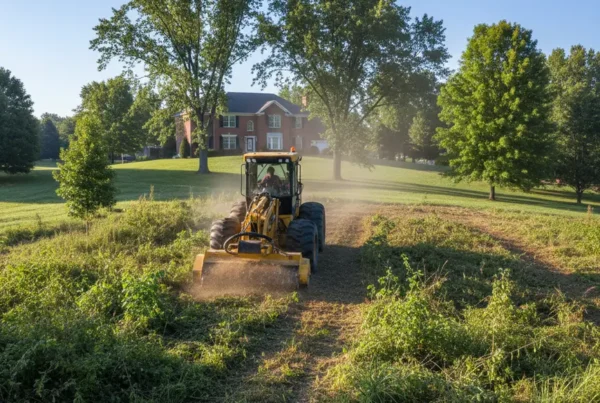 Forestry mulching machine clearing underbrush on a residential lot in Westerville, Ohio.