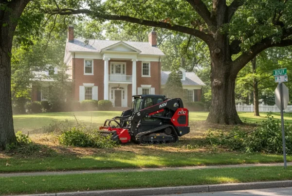 A compact forestry mulcher clearing underbrush around mature trees in a Bexley, Ohio yard.