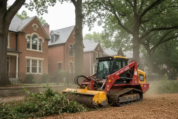 Forestry mulching machine clearing an overgrown urban lot in a Columbus, Ohio neighborhood.