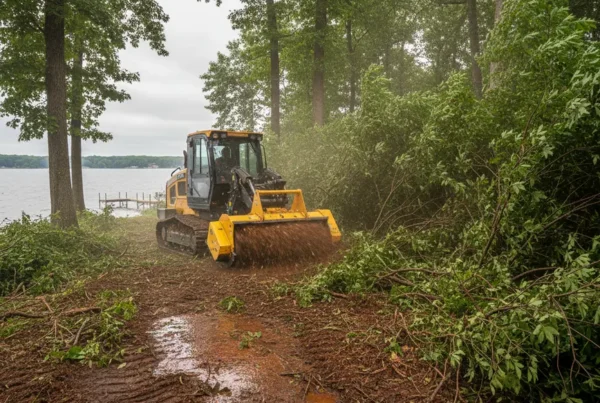 Forestry mulching machine clearing dense undergrowth on a clay lot in Millersport, Ohio.