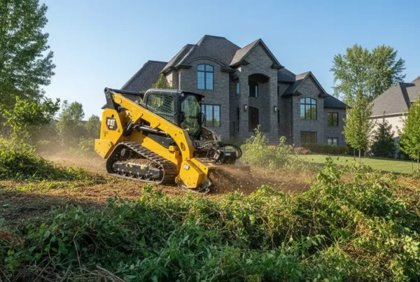 Forestry mulching machine clearing an overgrown, sloped yard in front of a modern home.