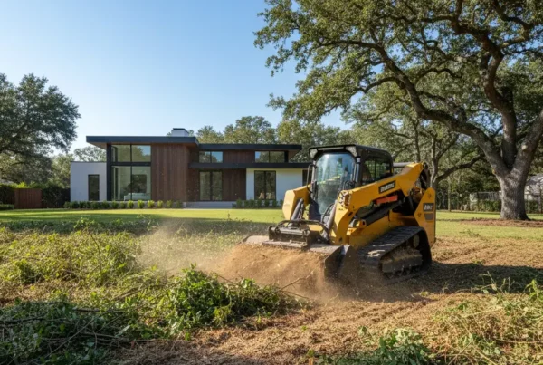 Forestry mulching machine clearing an overgrown residential lot in Powell, Ohio.