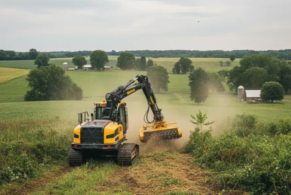 Forestry mulching machine clearing overgrown brush on a rolling Ohio hill in Pataskala.
