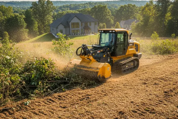 Forestry mulching machine clearing underbrush on a rolling suburban lot in Westerville North.