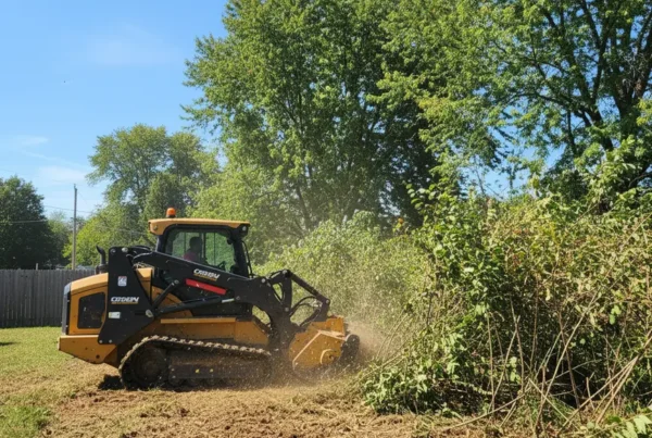 Forestry mulching machine clearing an overgrown lot with dense brush in Baltimore, Ohio.