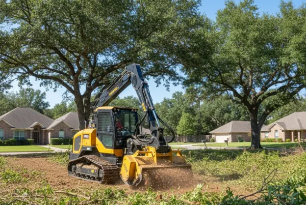 A forestry mulching machine clearing underbrush on a residential lot in Delaware, Ohio.