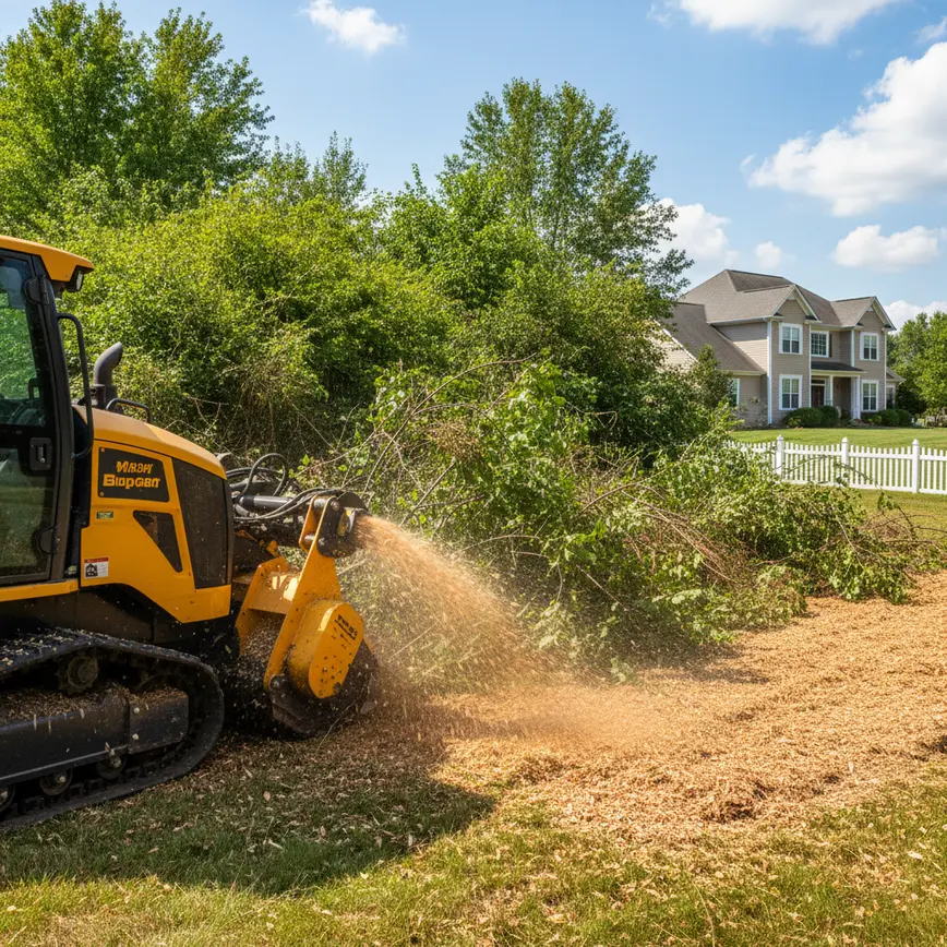 A forestry mulching machine clearing dense brush and overgrowth on a residential lot in Magnetic Springs.
