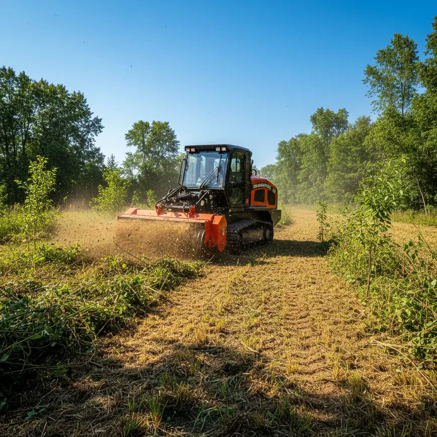 A forestry mulching machine clearing dense brush on a flat property in Richwood, Ohio.