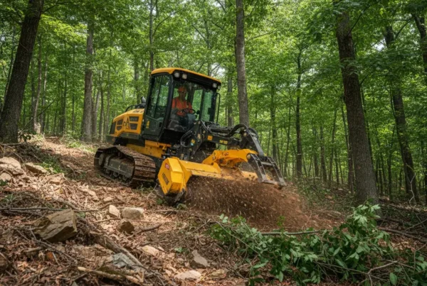 Forestry mulching machine clearing trees and brush on an uneven, wooded lot in Rushville.
