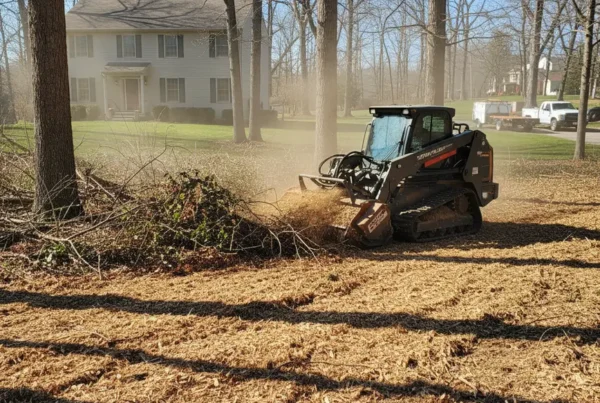 Forestry mulching machine clearing a wooded residential lot in Magnetic Springs, Ohio.