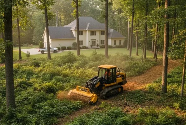 Forestry mulching machine clearing dense underbrush in a Worthington, Ohio residential backyard.