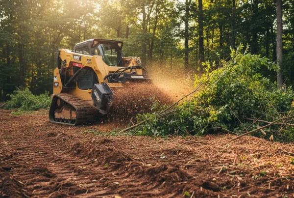 A forestry mulching machine clearing dense brush and trees on a residential property.