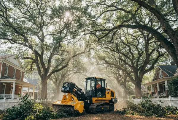 Forestry mulching machine clearing underbrush around large, mature trees in Grandview Heights.