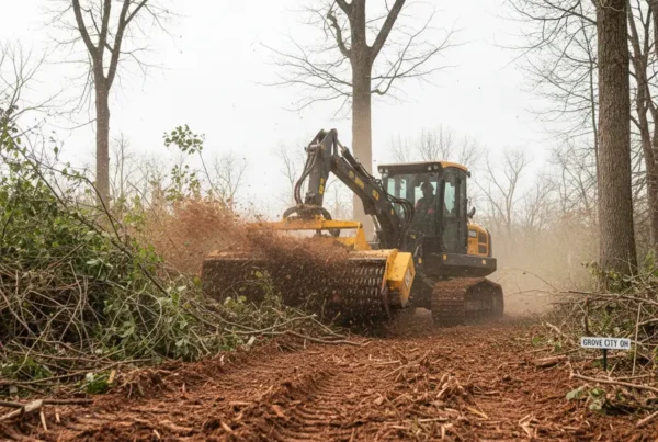 Forestry mulching machine clearing underbrush on a residential lot with clay soil in Grove City.