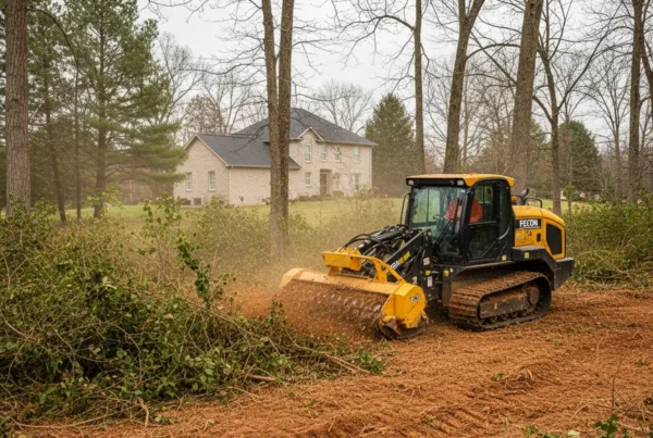 Forestry mulching machine clearing dense brush on a residential property in Heath, Ohio.