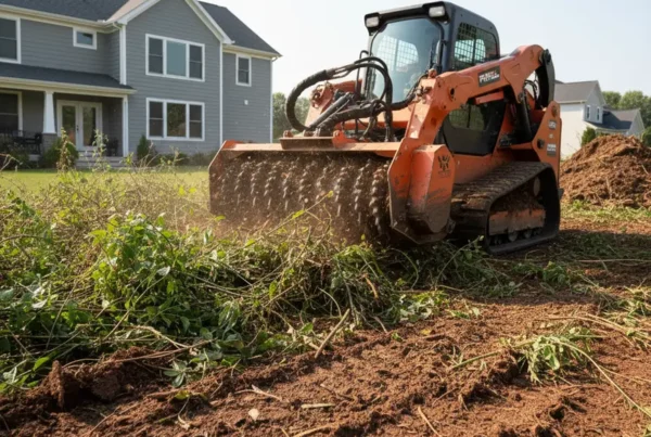 Forestry mulching machine clearing overgrown brush and trees in a Hilliard, Ohio backyard.