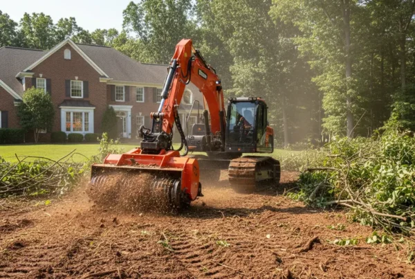 Forestry mulching machine clearing underbrush on a residential lot in Upper Arlington, Ohio.