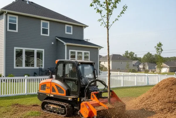 Forestry mulching machine clearing dense brush in a compact Whitehall, Ohio residential backyard.