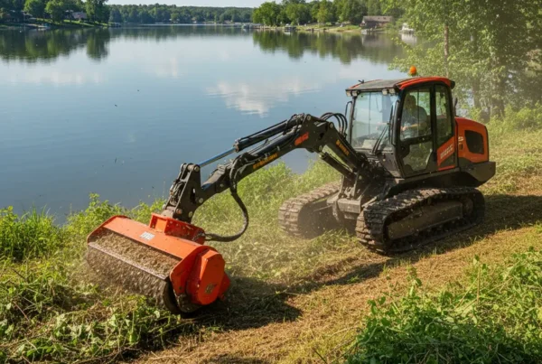 Forestry mulching machine clearing overgrown brush on a steep shoreline at Buckeye Lake, Ohio.