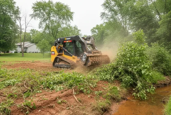 A forestry mulching machine clearing dense brush and trees on a property with clay soil in Groveport, Ohio.