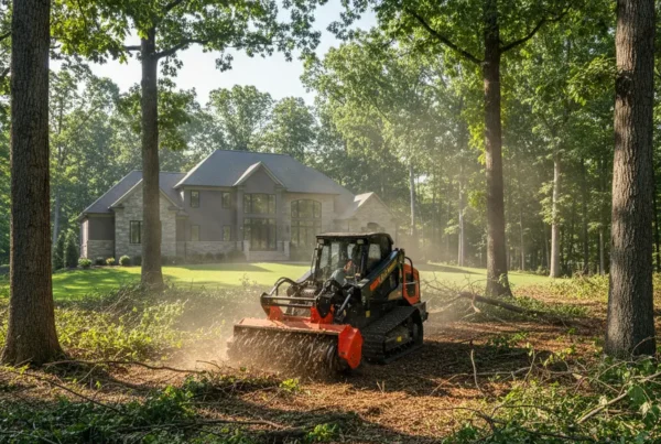 Forestry mulching machine clearing underbrush on a residential property in Dublin, Ohio.