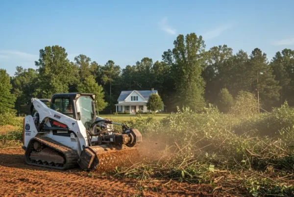 Forestry mulching machine clearing a flat property with clay soil in Plain City, Ohio.