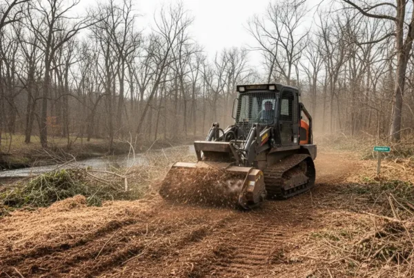 A forestry mulching machine clearing dense brush and trees on a residential property.