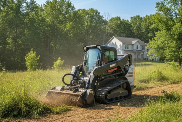 A forestry mulching machine clearing undergrowth on a rolling residential lot in Lewis Center.