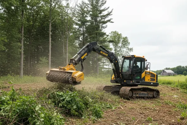 Forestry mulching machine clearing dense brush on a rolling hillside in Amanda, Ohio.