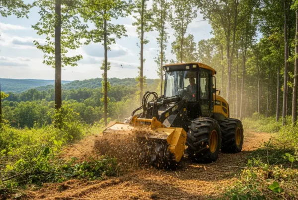 A forestry mulching machine clearing dense underbrush on a rolling, wooded lot in Ohio.