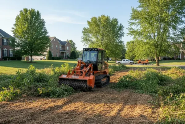 Forestry mulching machine clearing overgrown land on a rolling property in Pickerington, Ohio.