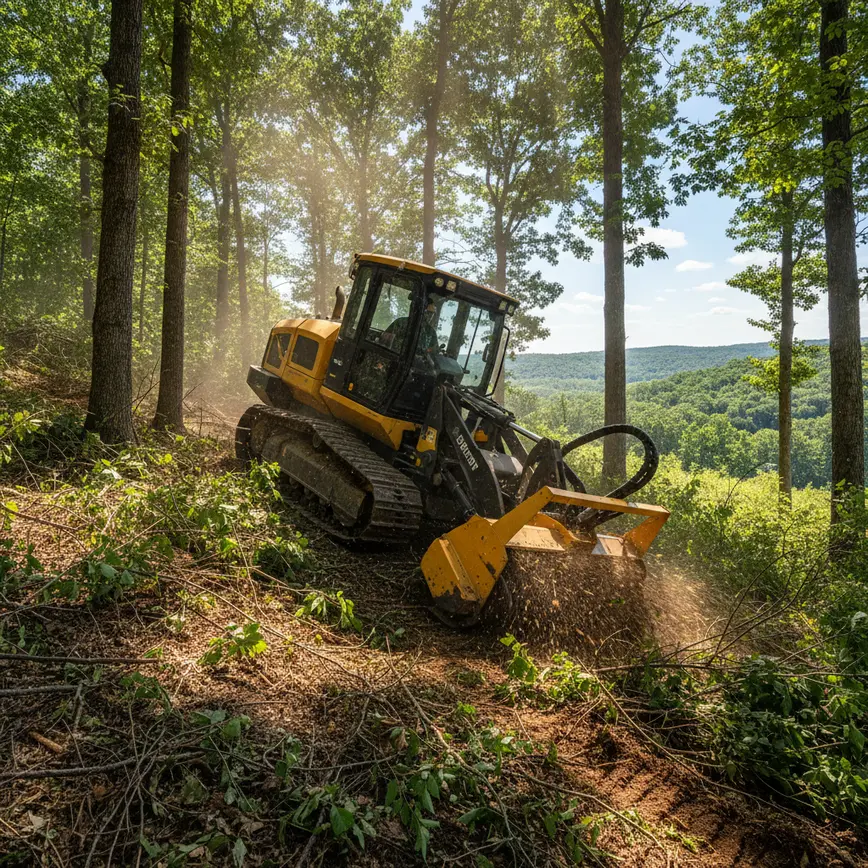 Forestry mulching machine clearing thick undergrowth on a steep, wooded property in Milford Center, Ohio.