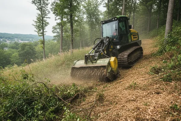 Forestry mulching machine clearing undergrowth on a steep, wooded lot in Granville, Ohio.