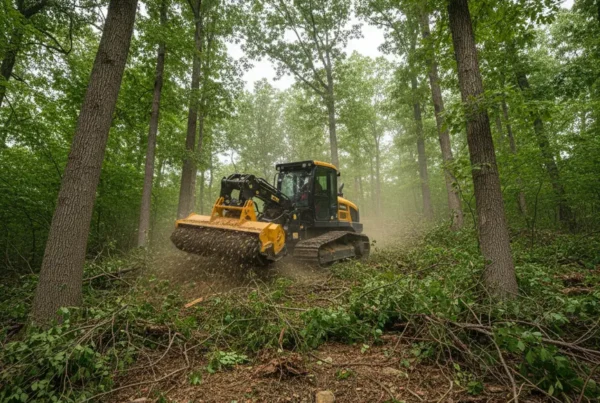 A forestry mulching machine working on a steep, wooded hillside in Newark, Ohio.