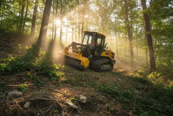 A tracked forestry mulcher machine clearing dense brush on a steep Ohio hillside.