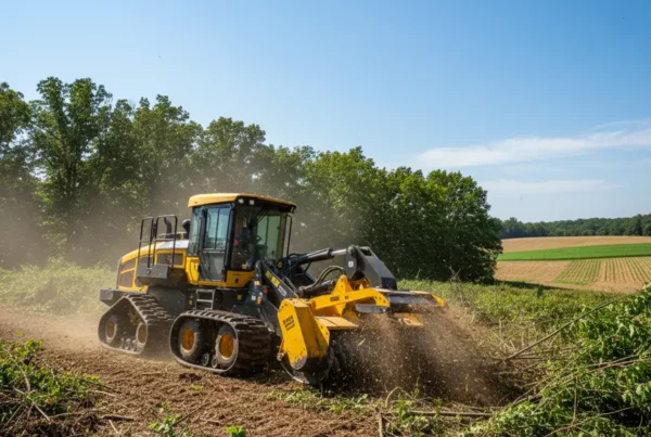 Forestry mulching machine clearing underbrush and small trees on a rolling Ohio hill.