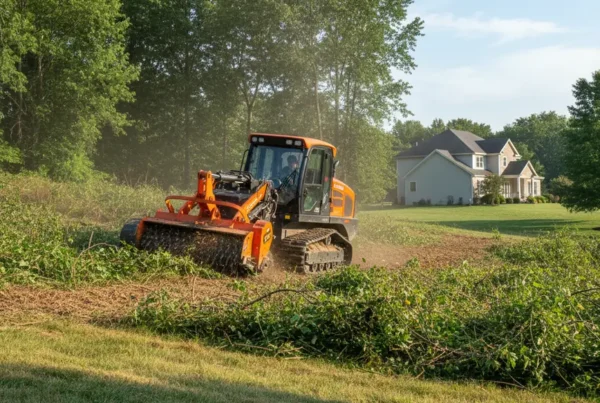 A forestry mulcher clearing overgrown brush on a rolling green lawn in a Pickerington neighborhood.