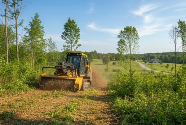 A forestry mulching machine clearing dense brush and trees on a rolling Ohio hillside.