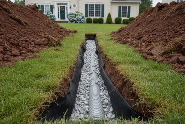 A newly installed French drain in a residential backyard with visible clay soil.