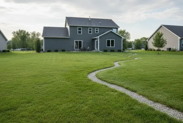 Lush green backyard in Hebron, Ohio with a new French drain installation preventing flooding.