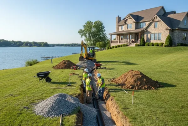Professional crew installing a French drain system on a waterfront property in Buckeye Lake.