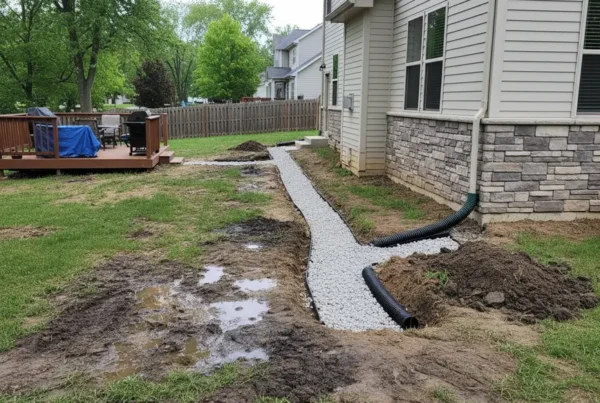 Newly installed French drain system in a residential backyard with clay soil in Ostrander.