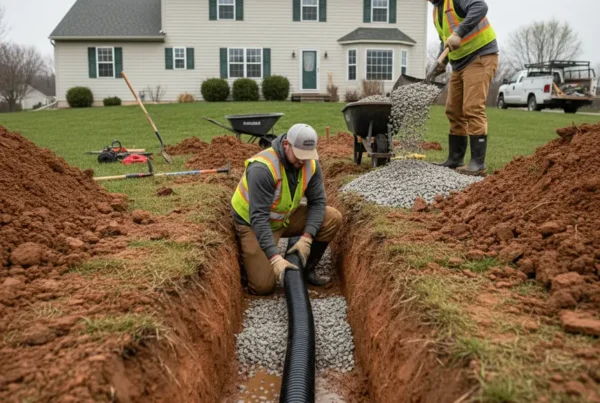 Professional crew installing a French drain system in a residential yard with heavy clay soil.