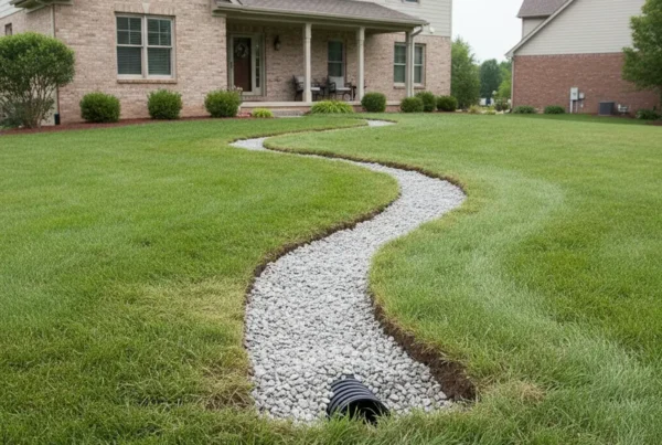 A clean installation of a French drain with fresh gravel in a residential lawn.
