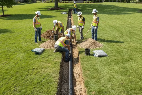 Professional crew installing a French drain system in a flat backyard in Magnetic Springs, Ohio.