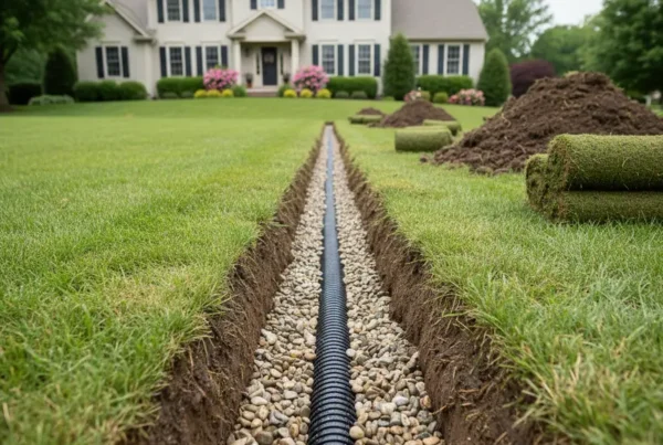 A newly installed French drain trench in a residential backyard with heavy clay soil.
