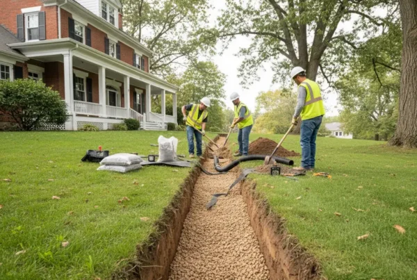 Professional crew installing a French drain system in the yard of a historic home.