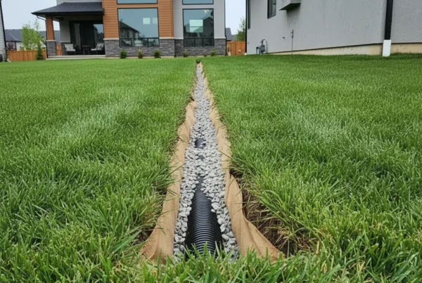 Newly installed French drain trench with pipe and gravel in a flat suburban yard.