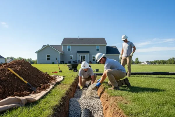 A construction crew installing a French drain pipe and gravel in a trench in a suburban backyard.